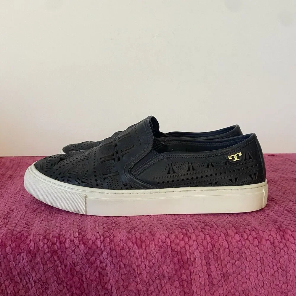 Tory Burch Lennon Slip On Leather Sneakers Laser Perforated Navy Blue Size 8.5M
